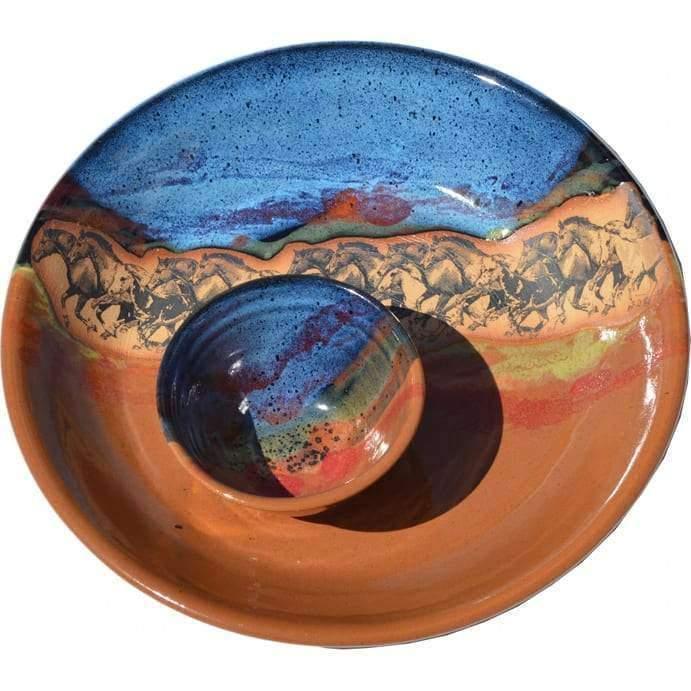 Open Range Horses Glazed Handmade Pottery Chip and Dip Party Plate - Made in the USA - Your Western Decor