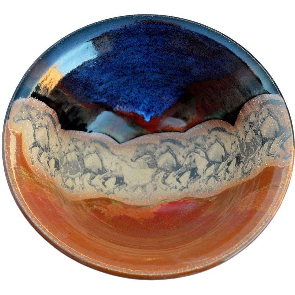 Glazed handmade pottery serving 10" serving bowl with running horses. Your Western Decor