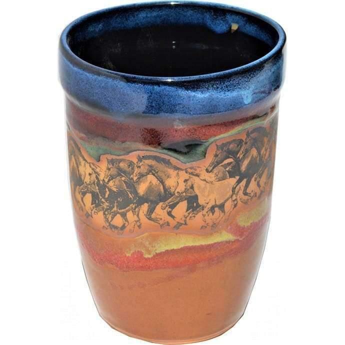Open range horses utensil canister - handmade pottery made in the USA - Your Western Decor