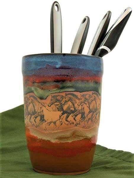 Open range horses utensil crock - handmade pottery - Your Western Decor