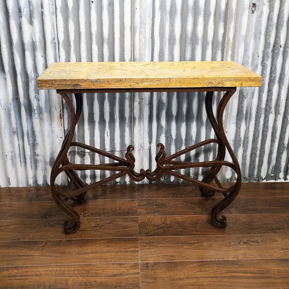 Chiseled peach travertine and wrought iron console table - Your Western Decor
