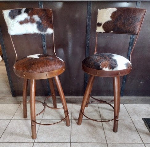 tri color cowhide and iron custom made swivel bar chairs with backs - made in the USA - Your Western Decor