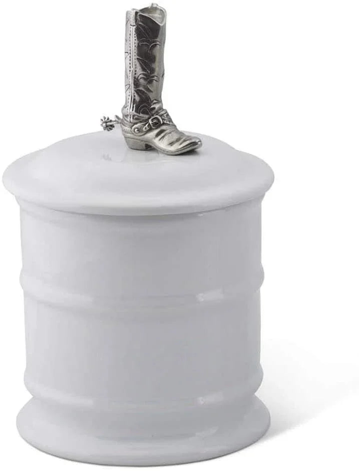 short white stoneware kitchen canster with pewter cowboy boot lid topper