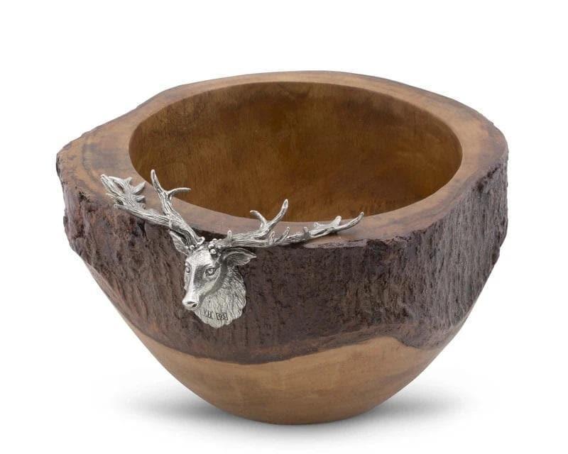Detailed carved pewter bull elk on genuine Acacia wood salad bowl. Handmade. Your Western Decor, LLC