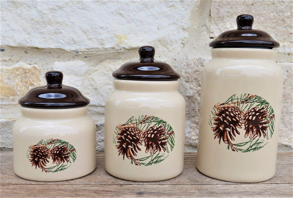 3 piece ceramic pine cone cabin canister set - Your Western Decor