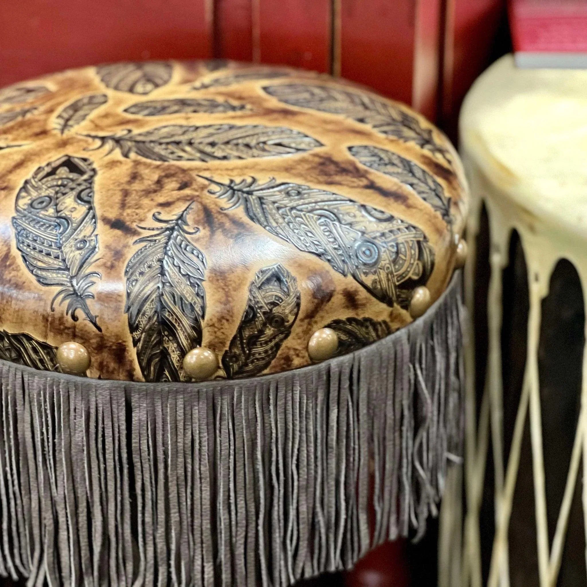 Golden plumas feather embossed leather bar stool - Your Western Decor