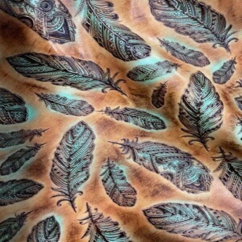 Plumas Sepia Turquoise Embossed Feather Leather - Your Western Decor