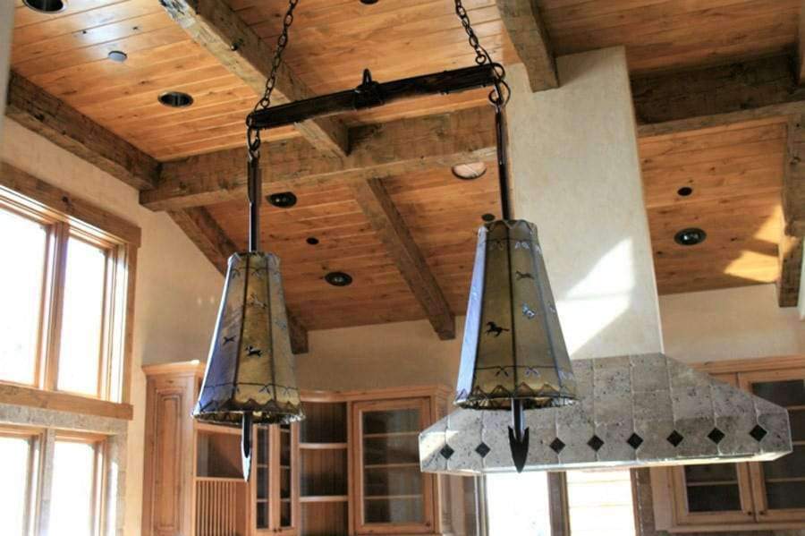 Fort Rock Painted Rawhide Pendant Lights w/ hand forged iron rods. Made in the USA