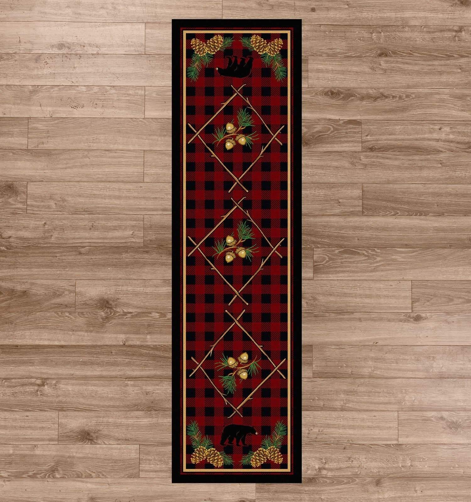 Deep woods black red buffalo check floor runner with bears, pine cones and acorns made in the USA - Your Western Decor