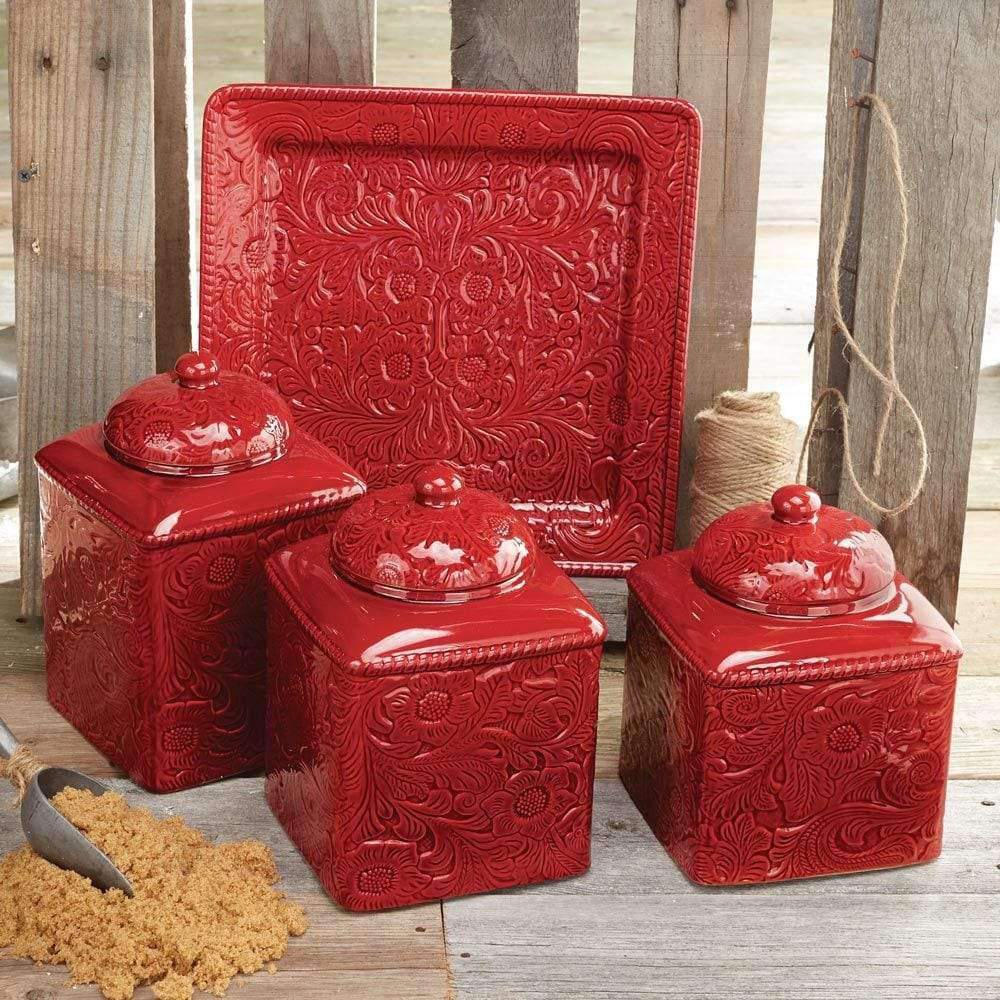 ceramic red embossed western canister set and platter
