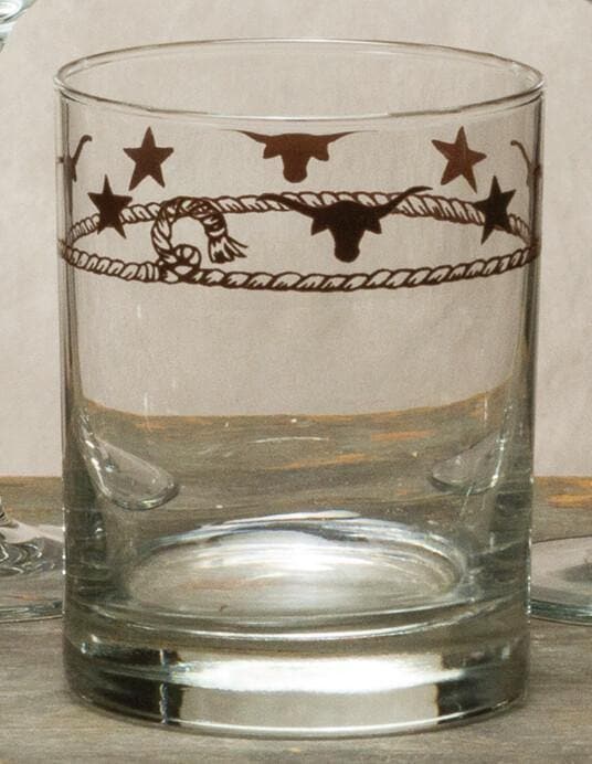Dark brown stars rope and longhorn steer print over high clarity glass - Western glassware made in the USA - Your Western Decor