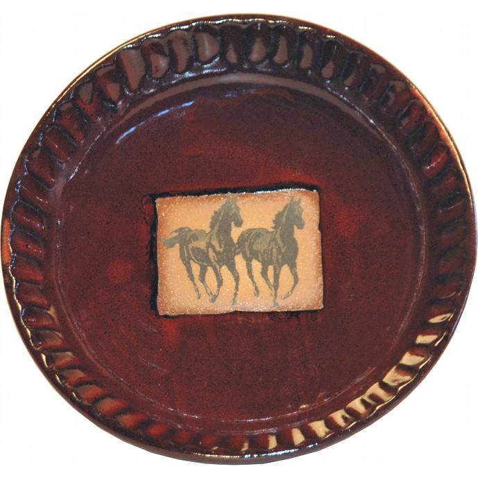 fluted pottery pie pan in red with running horses. Handmade in the USA. Your Western Decor