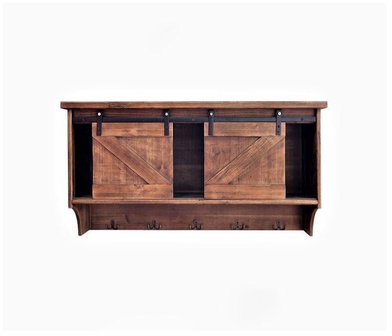 Rustic wall storage cabinet with barn door sliders and coat hooks for ranch entryway organization