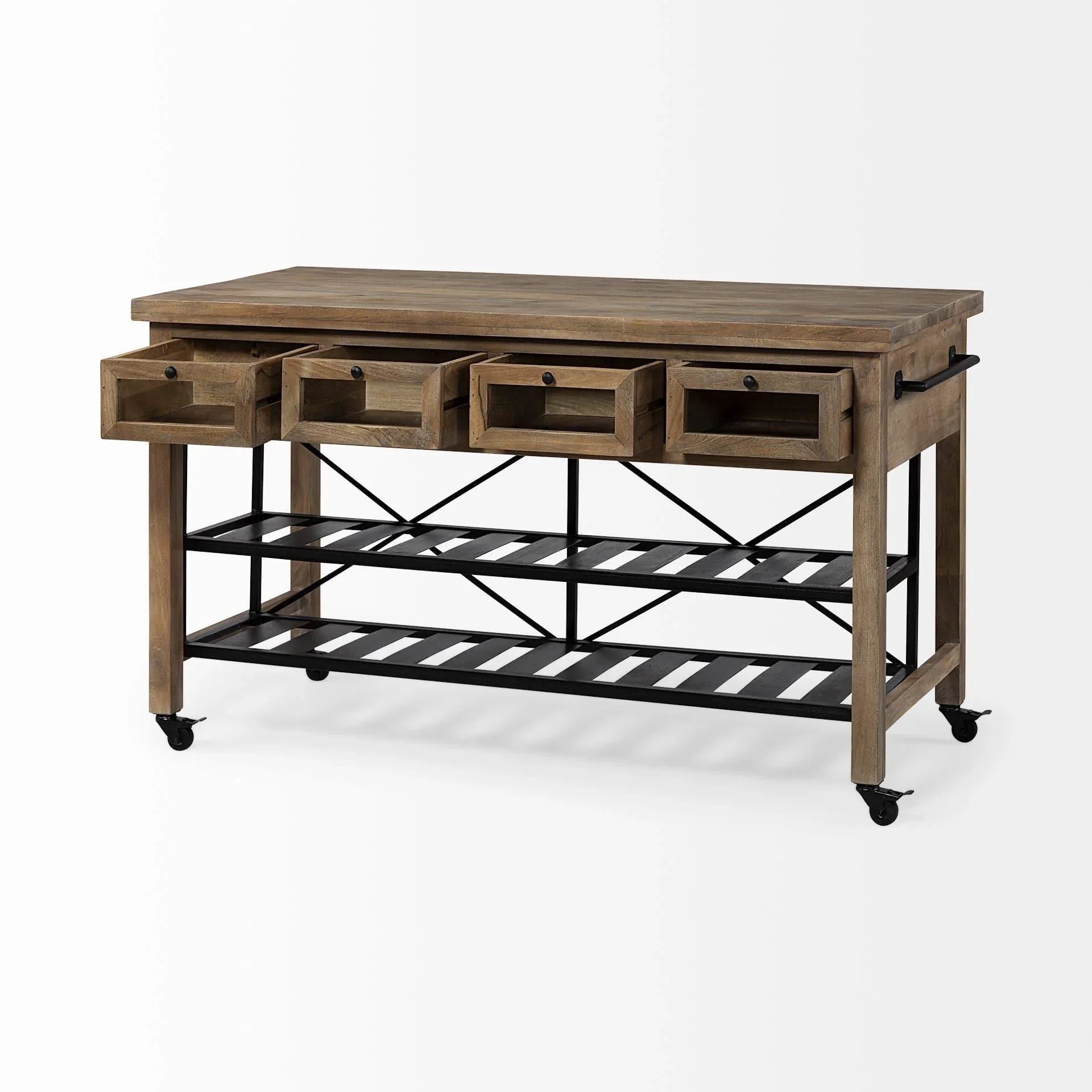farmhouse kitchen storage island on locking castors shown with 4 drawers open