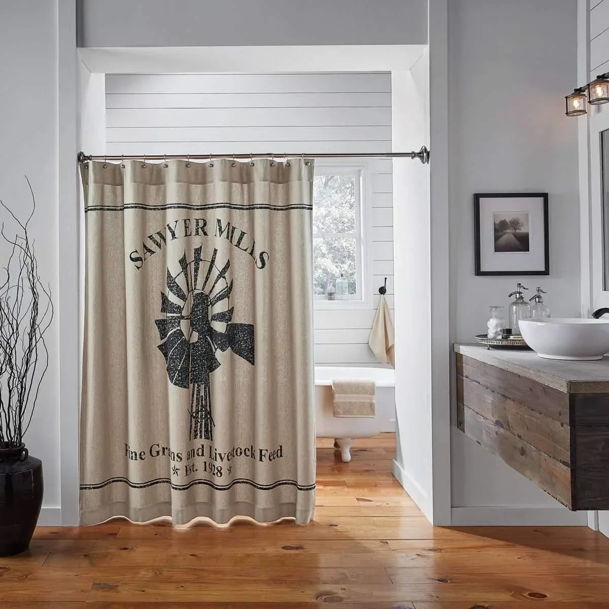 Farmhouse Sawyer Mill Windmill Shower Curtain charcoal stencil over khaki background - Your Western Decor