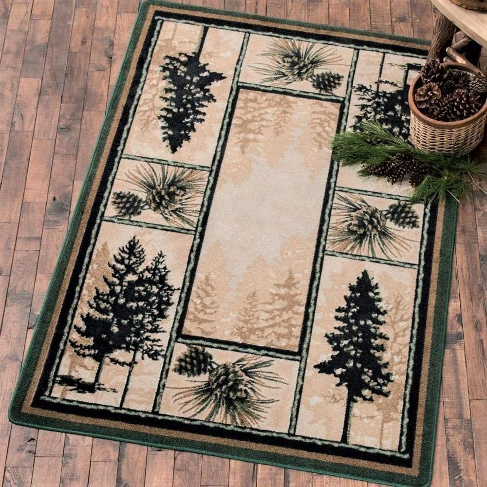 Decorative forest area rug. Pine tress, pine cones, Green beige - Made in the USA - Your Western Decor