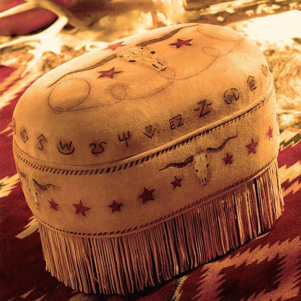Suede deer hide oval ottoman with fringe and hand paintings - made in the USA - Your Western Decor