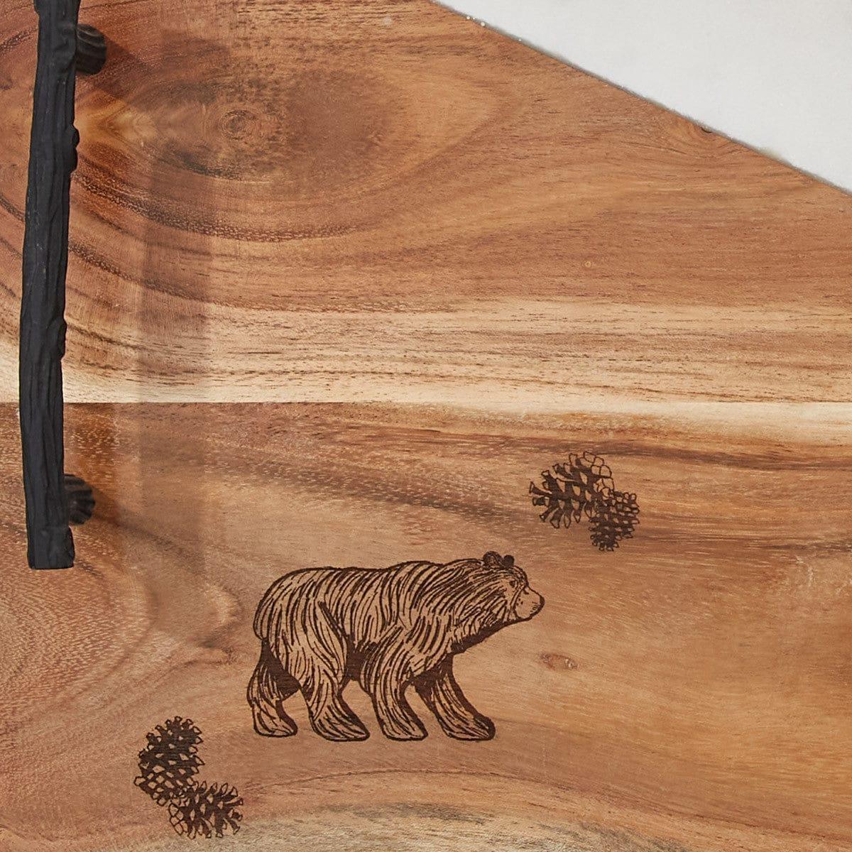 Engraved bear and pine cone on pine wood and marble charcuterie board - Your Western Decor