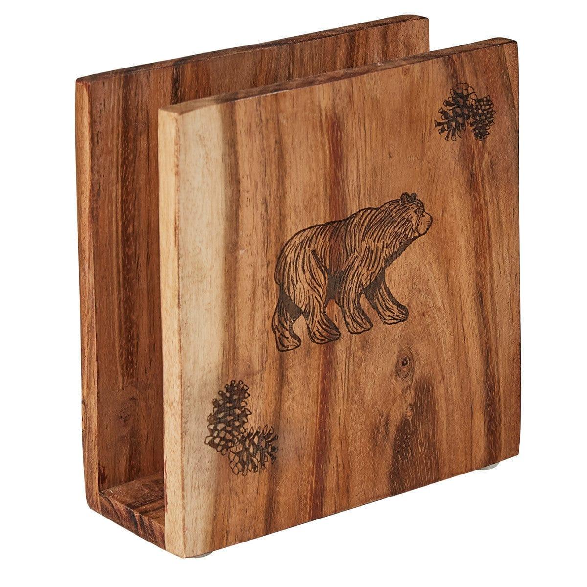 Summit Ridge Walnut Napkin Holder w/ engraved pine cone and bear - Your Western Decor
