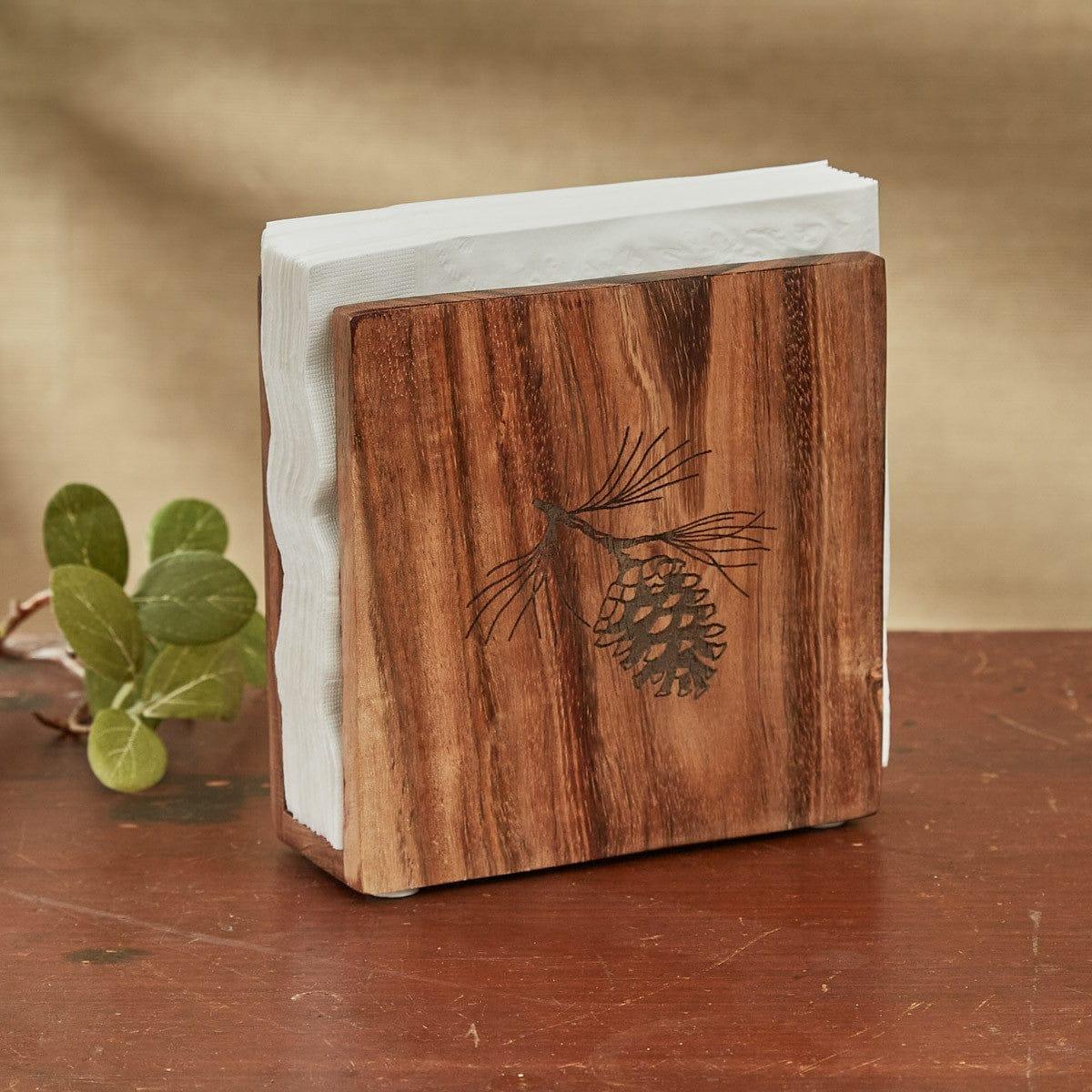 Summit Ridge Walnut Napkin Holder w/ engraved pine cone - Your Western Decor