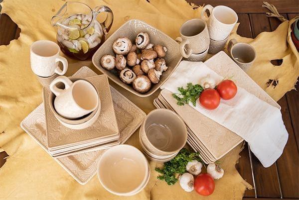 Embossed ceramic taupe dinnerware set - Your Western Decor