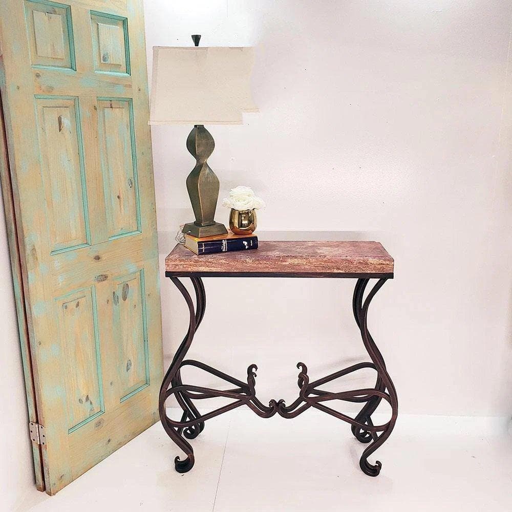 Small travertine and wrought iron base accent table - Your Western Decor