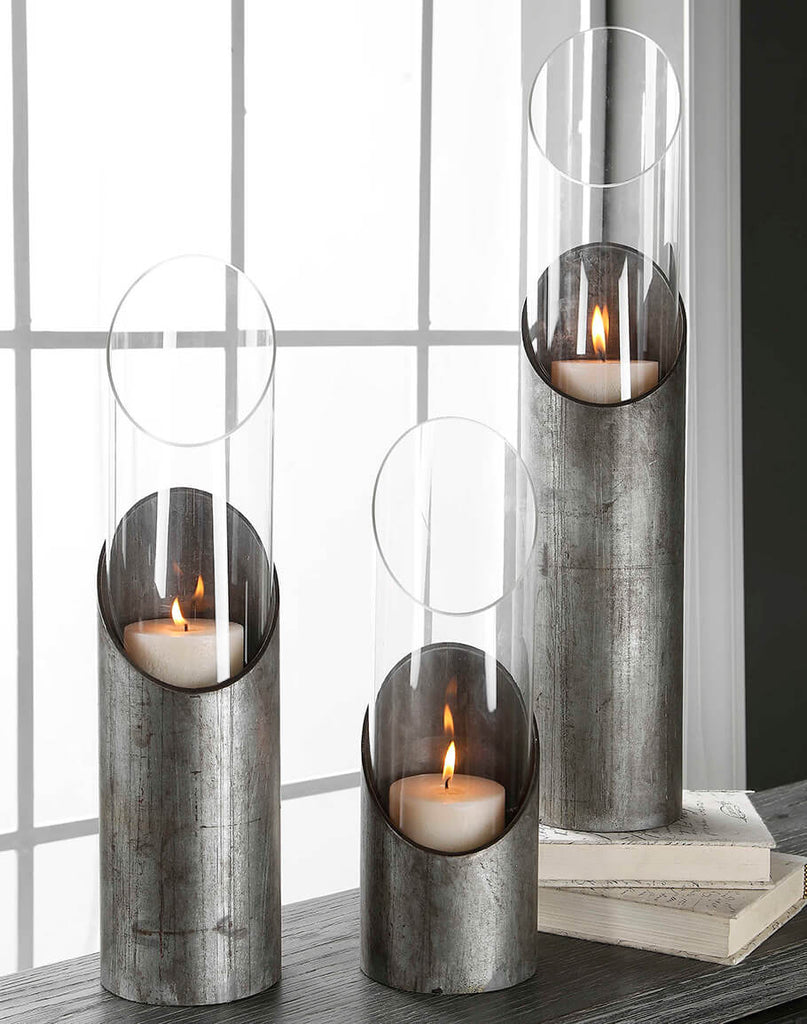 Tubular Steel & Glass Pillar Candle Holders 3-pc Set - Your Western Decor