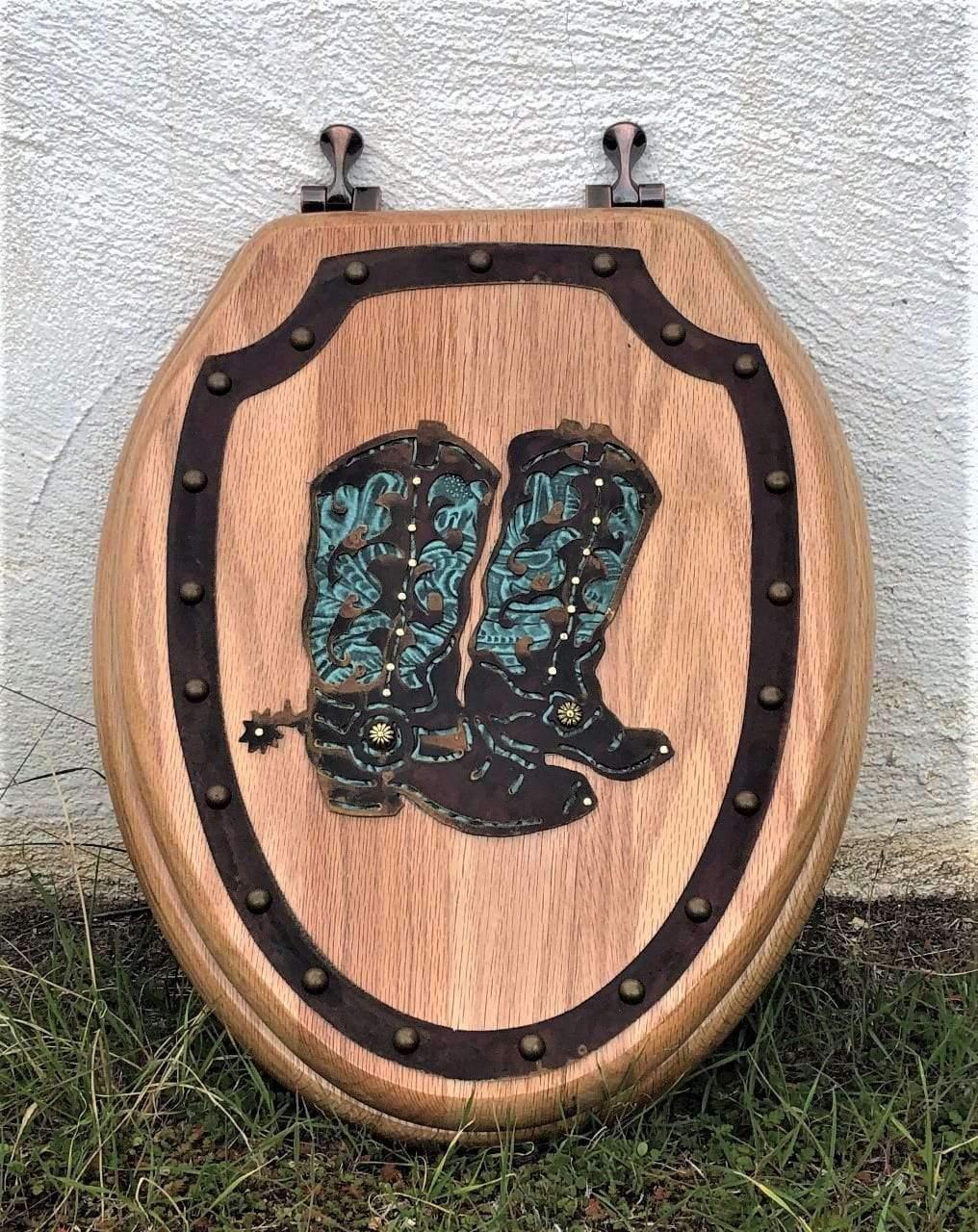 Cowboy boots & turquoise leather western toilet seat. Made in the USA. Your Western Decor