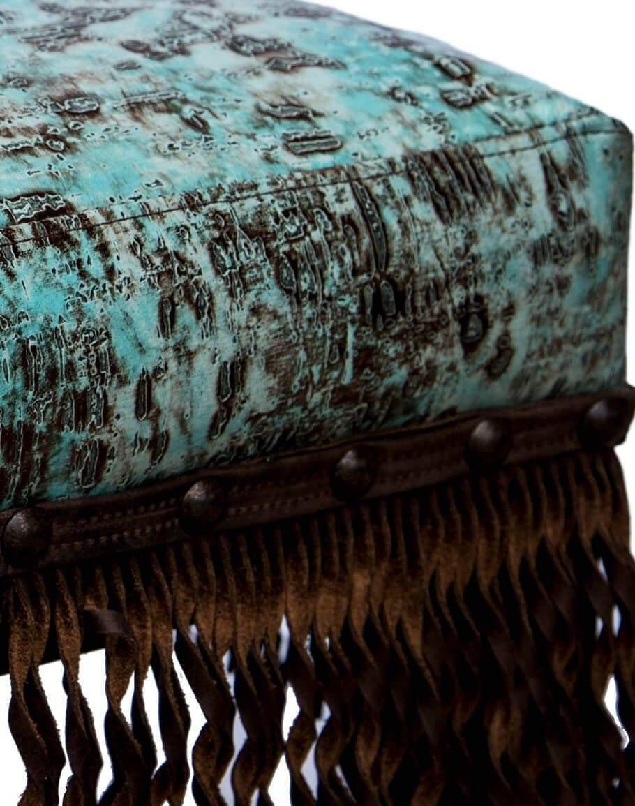 Fancy western bar stool with embossed turquoise leather and fringe. Alder wood frame. Made in the USA. Your Western Decor