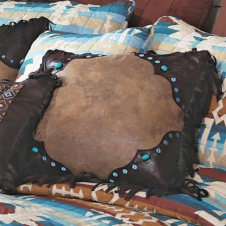 Two-tone faux leather western accent pillow with turquoise stones and fringe - Your Western Decor