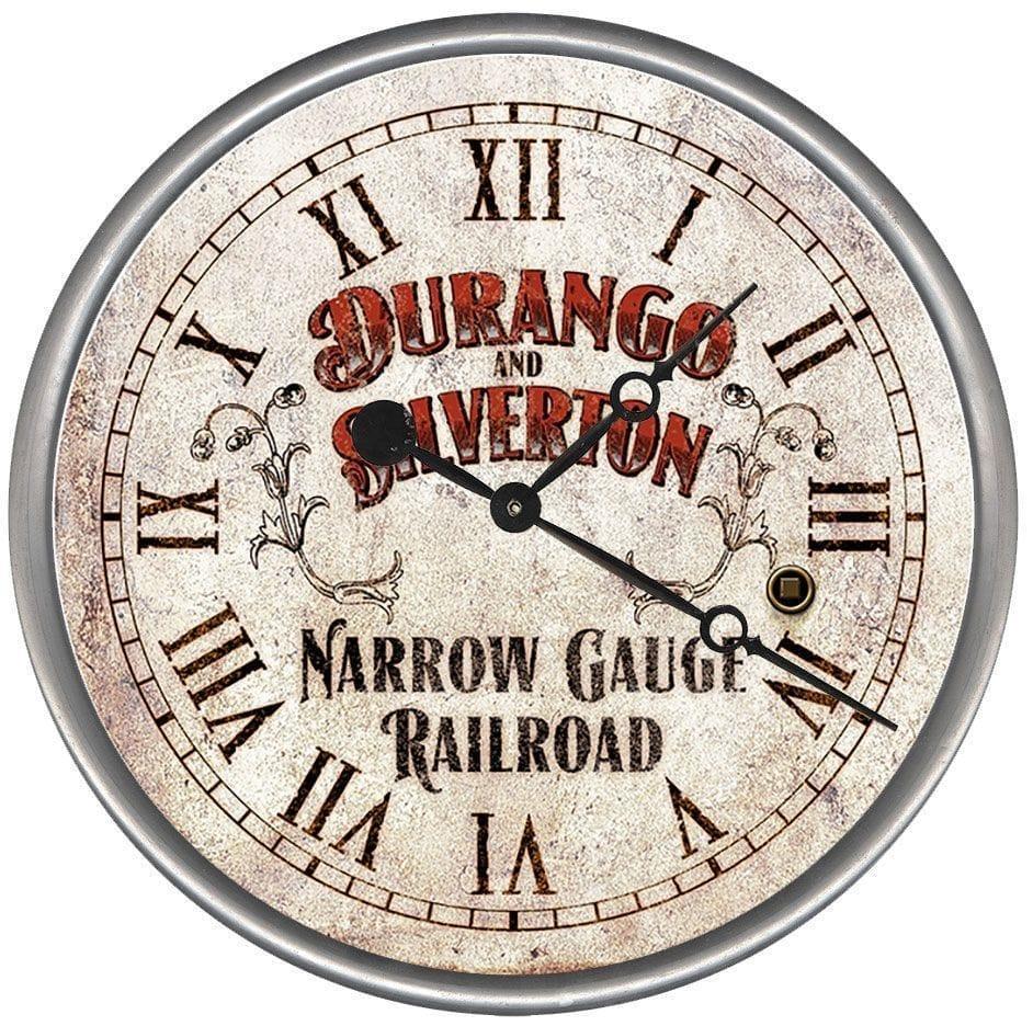 Round Narrow Gauge Railroad Vintage Clock features a vintage Durango and Silverton logo - made in the USA - Your Western Decor
