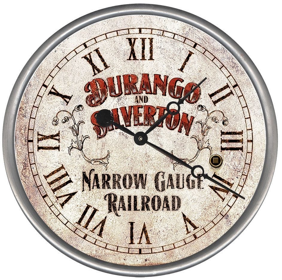 Round Narrow Gauge Railroad Vintage Clock features a vintage Durango and Silverton  logo - made in the USA - Your Western Decor