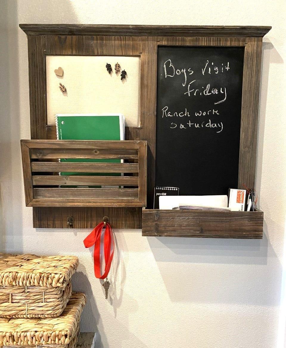 Rustic wall organizer with chalkboard, pin board, hooks and storage box - Your Western Decor