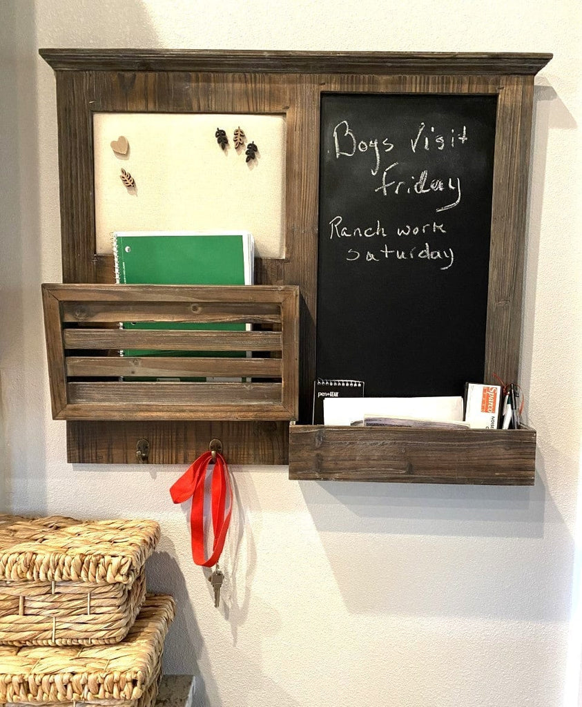 Rustic wall organizer with chalkboard, pin board, hooks and storage box - Your Western Decor