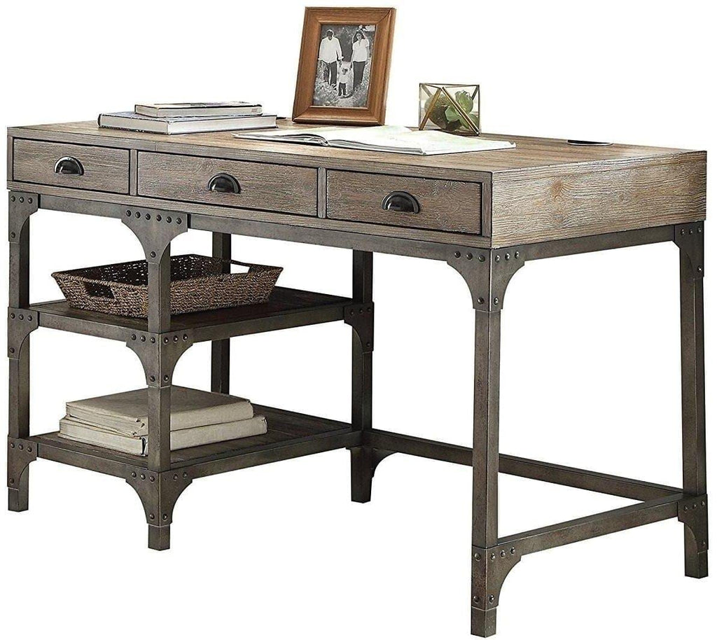 Weathered oak and antiqued iron writing desk 3 drawers 2 shelves - Your Western Decor