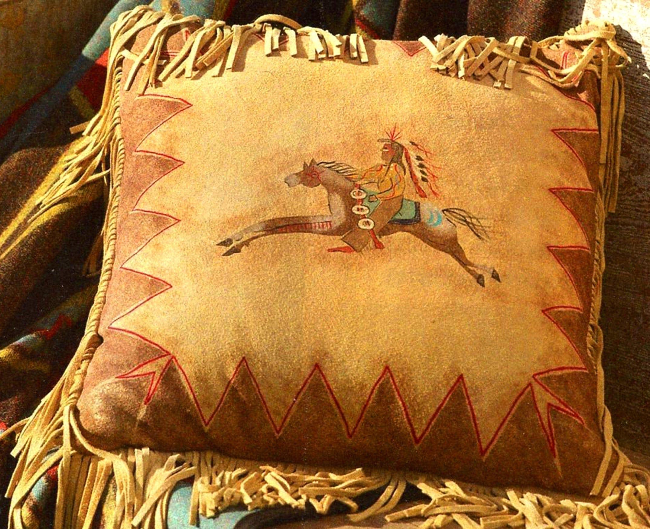 hand painted deer hide western leather pillow with fringe cayuse pony design