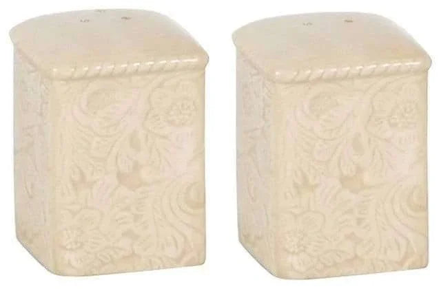 cream color ceramic, floral embossed, western style salt pepper shakers