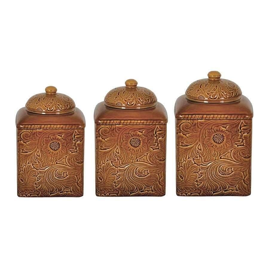 dark mustard, embossed ceramic, 3 pc canister set