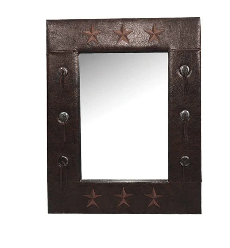 Western star wall mirror with faux leather, embroidered copper stars, conchos and tassels, closeout sale - Your Western Decor