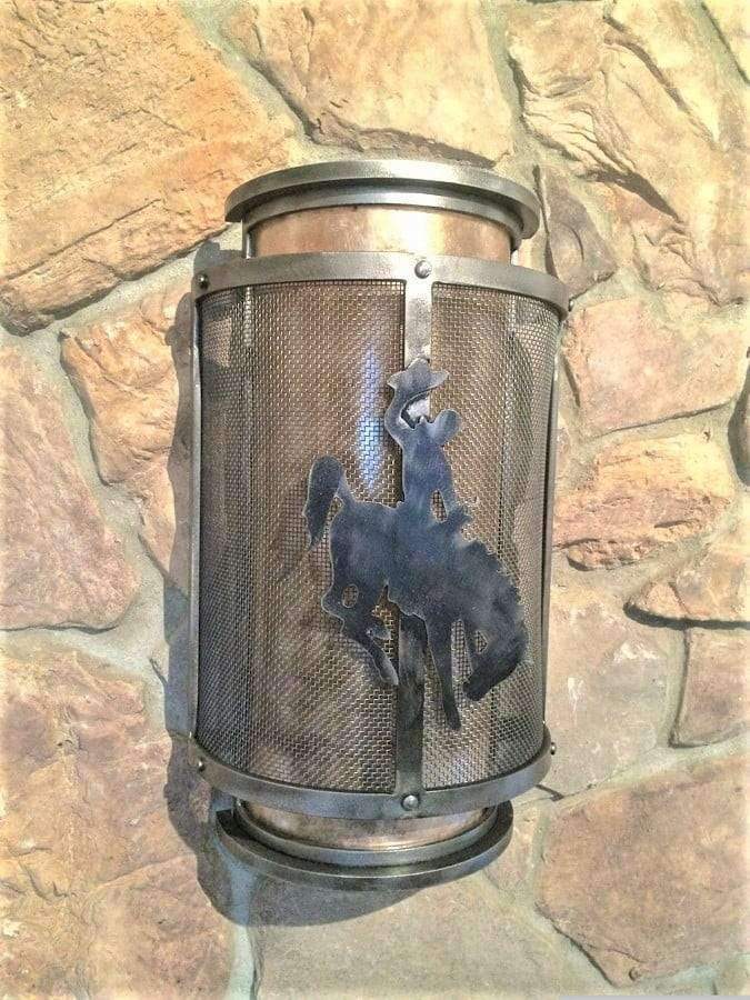 Custom made, mesh & mica wall sconce with iron cut cowboy & bronc - Made in the USA - Your Western Decor