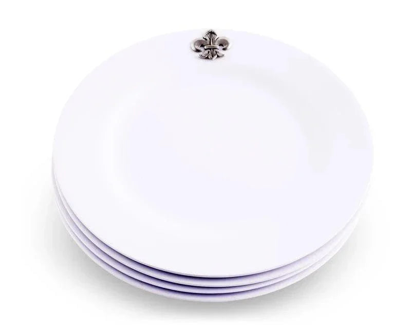 White Melamine 10" Plates w/ Pewter Fleur de Lis - 4 piece set - Your Western Decor