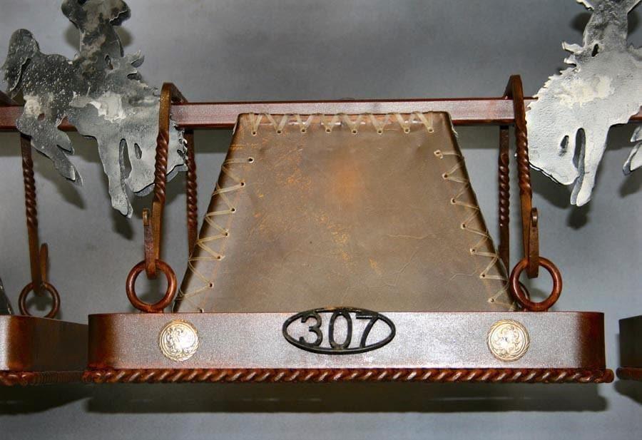 Wyoming Bronc, rawhide, iron & wood pool table light. Rustic, handmade in the USA. Free Shipping. Your Western Decor