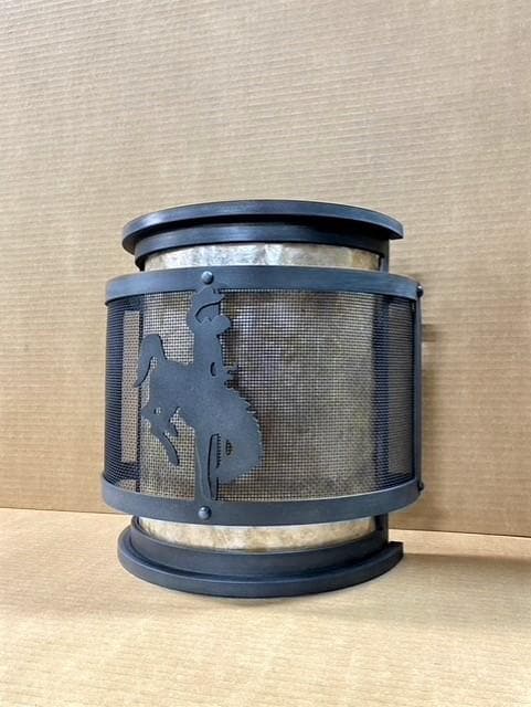 Wyoming bronc wall sconce with mica and steel mesh shade - Handmade in the USA - Your Western Decor