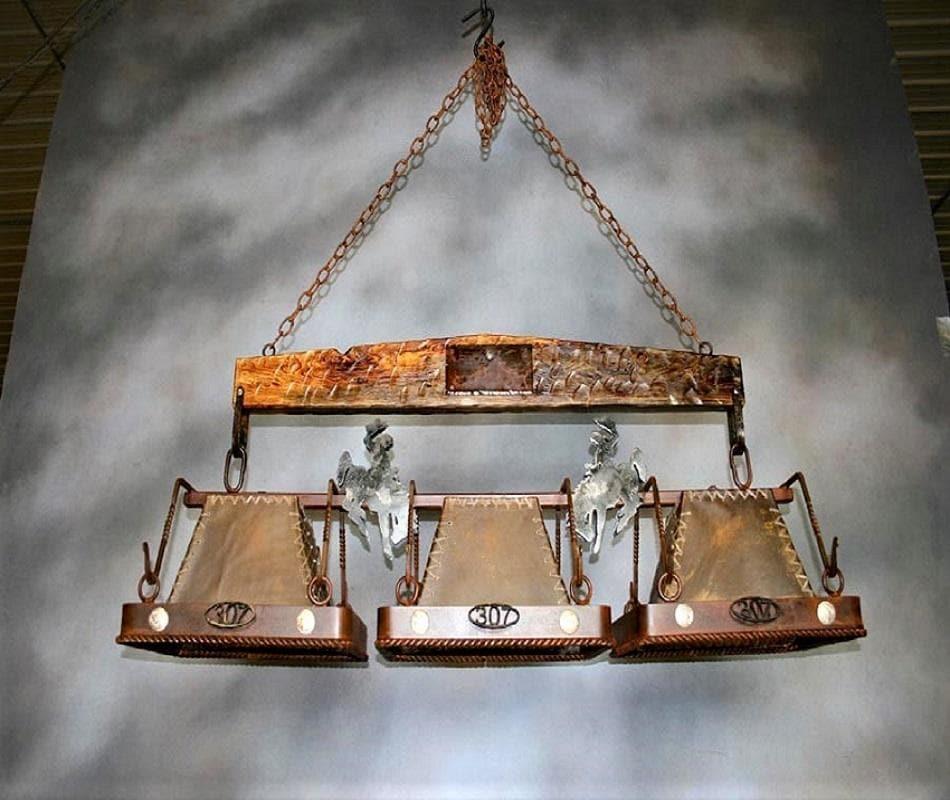 Wyoming Bronc, rawhide, iron & wood pool table light. Rustic, handmade in the USA. Free Shipping. Your Western Decor