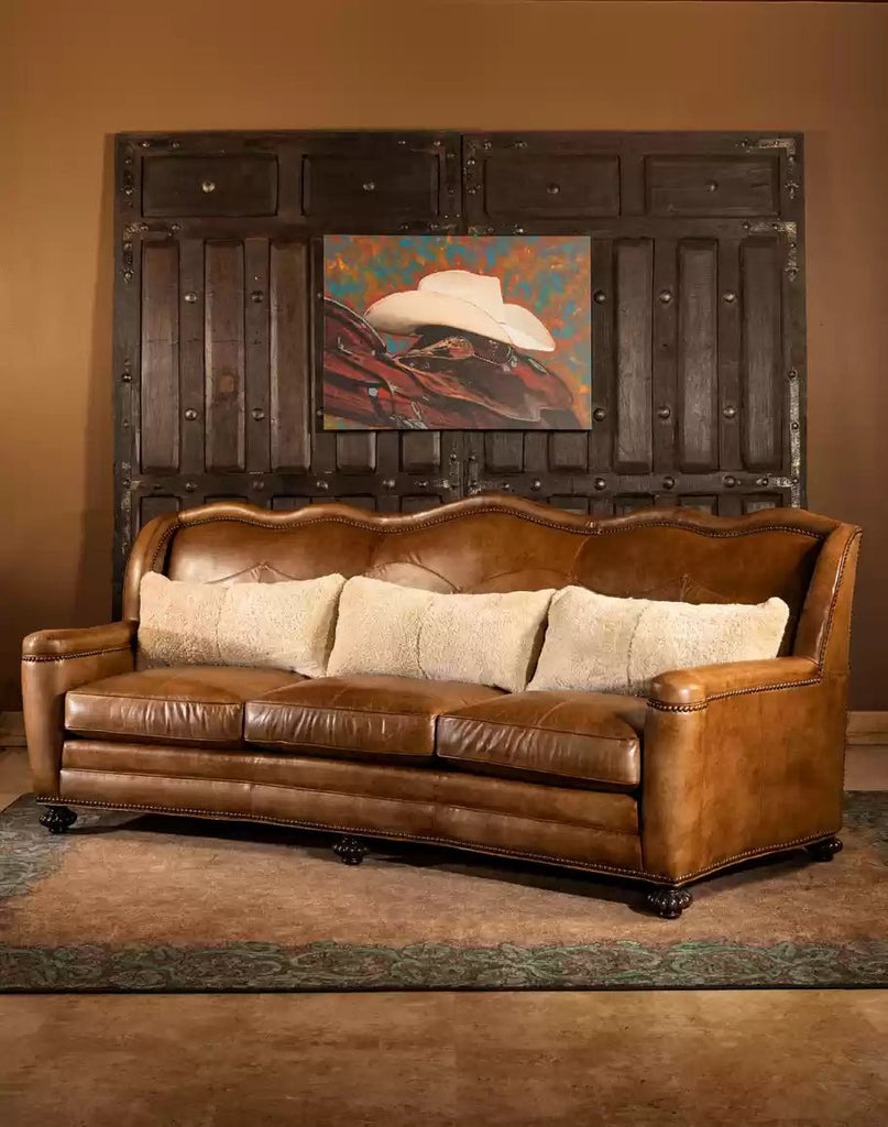 Western Luxury Leather Sofa with Rectangle Shearling Pillows - Your Western Decor