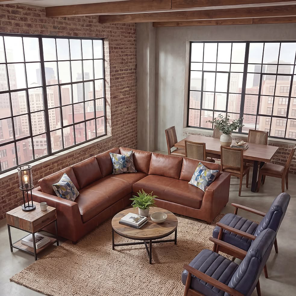 Brick loft with large windows featuring custom made leather sectional and leather recliners 