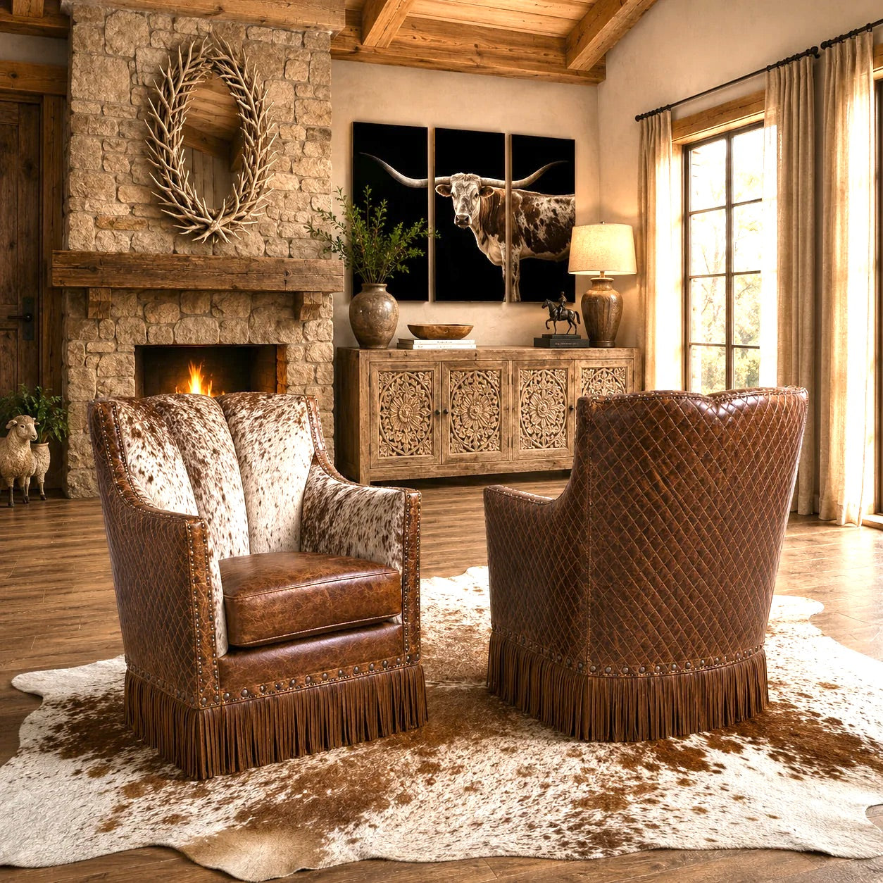 Luxury Western living room with leather furniture, rustic wood and Western home décor