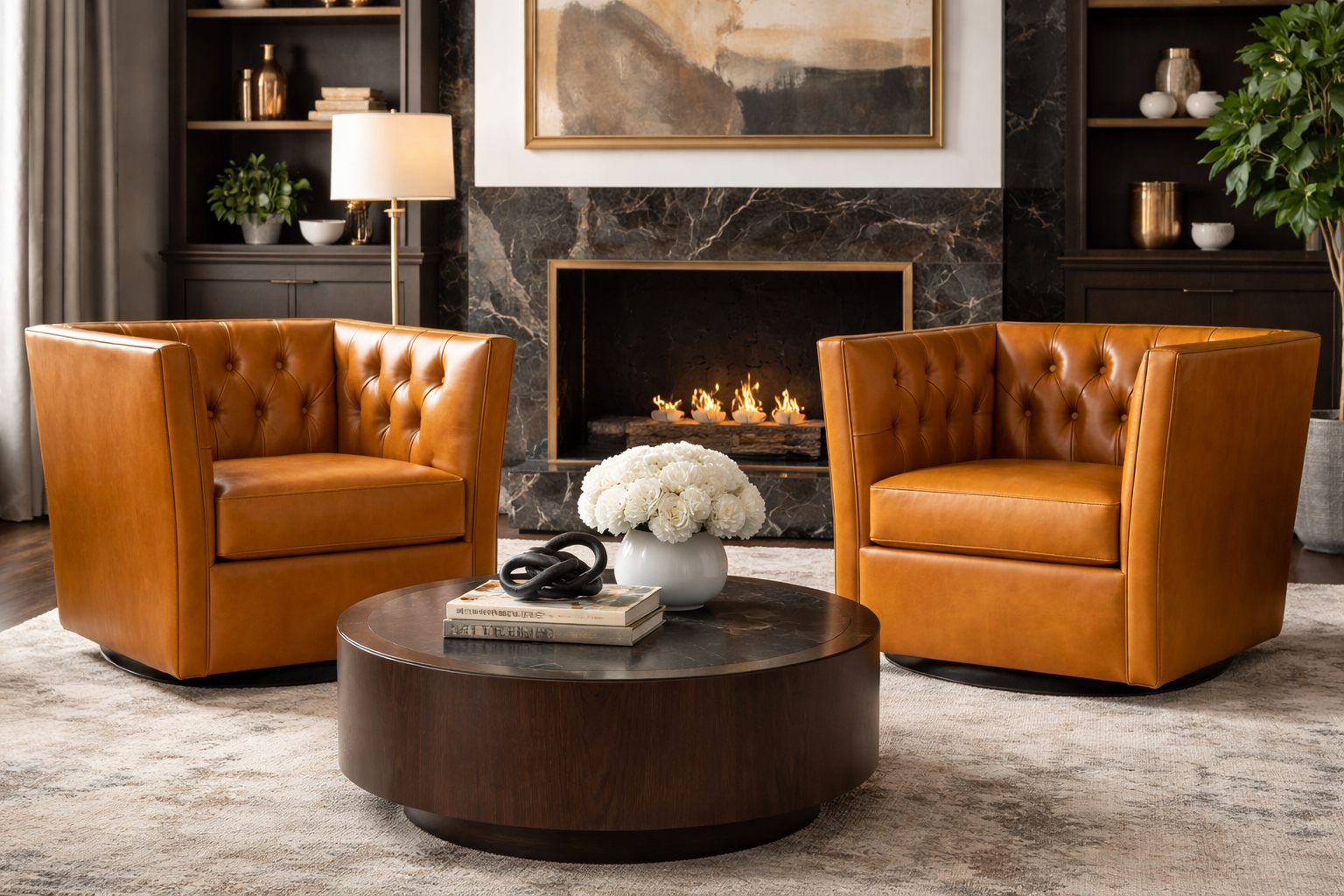 Tufted leather swivel room in rustic modern living room 