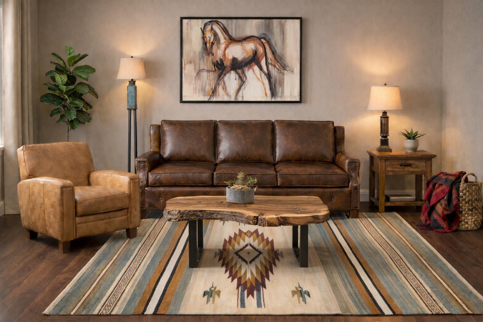 Image of western designed living space with leather seating and rustic, wooden, and handcrafted furniture