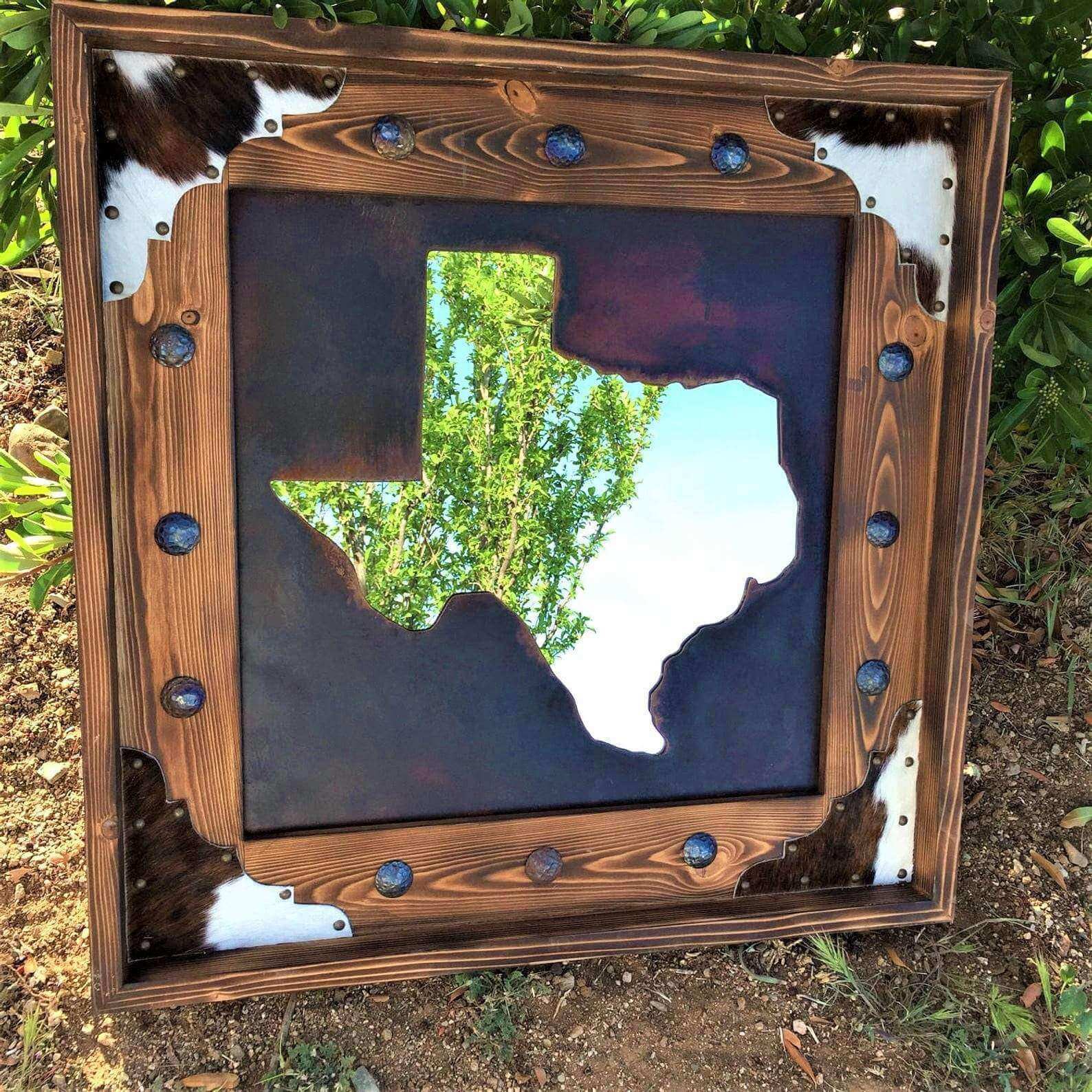 Metal cut Texas and wood rustic western wall mirror with cowhide, made in the USA - Your Western Decor